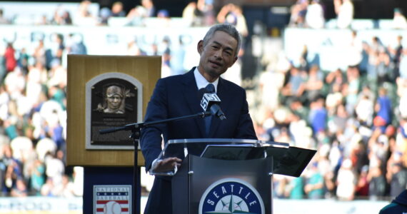 Ichiro takes the podium during his number retirement ceremony. Ben Ray / Sound Publishing