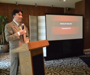 City Manager Ben Yazici speaks at the Sammamish Chamber of Commerce luncheon on May 16