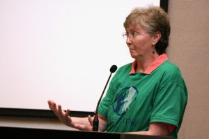 Cancer survivor Kathy Sparks speaks at a public hearing in support of ending a ban on medical marijuana gardens in Issaquah.