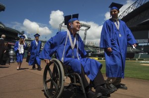 Liberty High School seniors Sean Marihugh and Evan Stedman look up at the grand expanses of Safeco Field