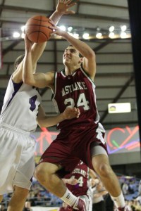 Eastlake's Michael Russo goes up for a shot Wednesday night at the Tacoma Dome. Russo scored 21 en route to a 69-48 win over Lake Stevens.