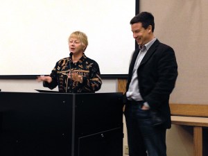 Issaquah Mayor Ava Frisinger thanks councilmember Mark Mullet for his service at Monday night's City Council meeting. Mullet begins his new post as District 5 senator when the Washington State Legislature convenes Monday