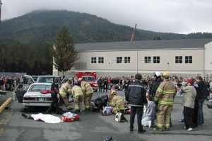 Fire and police services present a realistic scenario where two cars full of students have crashed.