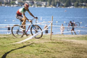 A bicyclist negotiates a turn in the Lake Sammamish GP Cyclocross race in September 2014.