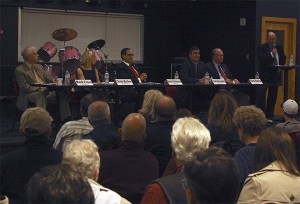 Sammamish City Council candidates listen to moderator William Shaw explain the rules for the forum Oct. 7 at the Sammamish EX3 Teen & Recreation Center.