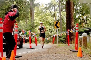 One of the 362 Beaver Lake Triathlon competitors makes her way to the final stretch of the race on Saturday.