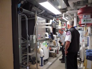 The mechanical room at Fire Station 72. The heat pumps are the silver boxes.