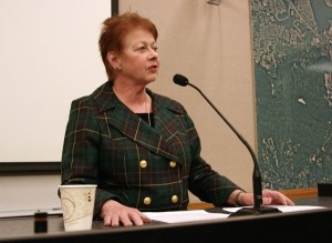 Mayor Ava Frisinger delivers her State of the City address at Issaquah City Hall Monday night. She focused on the city’s economic development.