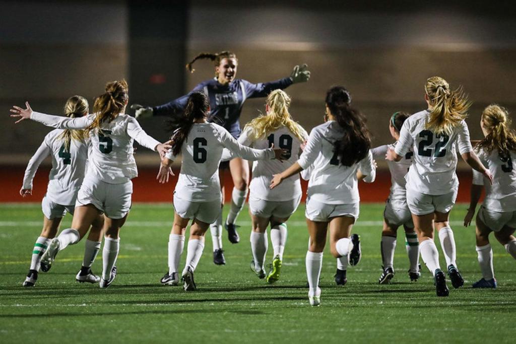 Photo courtesy of Rick Edelman/Rick Edelman photography                                The Skyline Spartans girls soccer team celebrates after goalie Anna Smith connected on the game-winning penalty kick to clinch the Class 4A KingCo championship on Nov. 3.