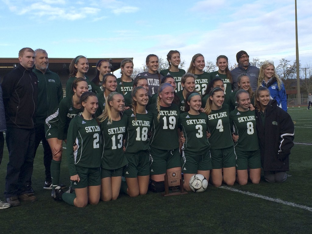 Shaun Scott, staff photo                                The Skyline Spartans girls soccer team captured third place at the Class 4A state soccer tournament on Nov. 19 at Sparks Stadium in Puyallup. Skyline defeated Hanford 2-0 in the third/fourth place contest.