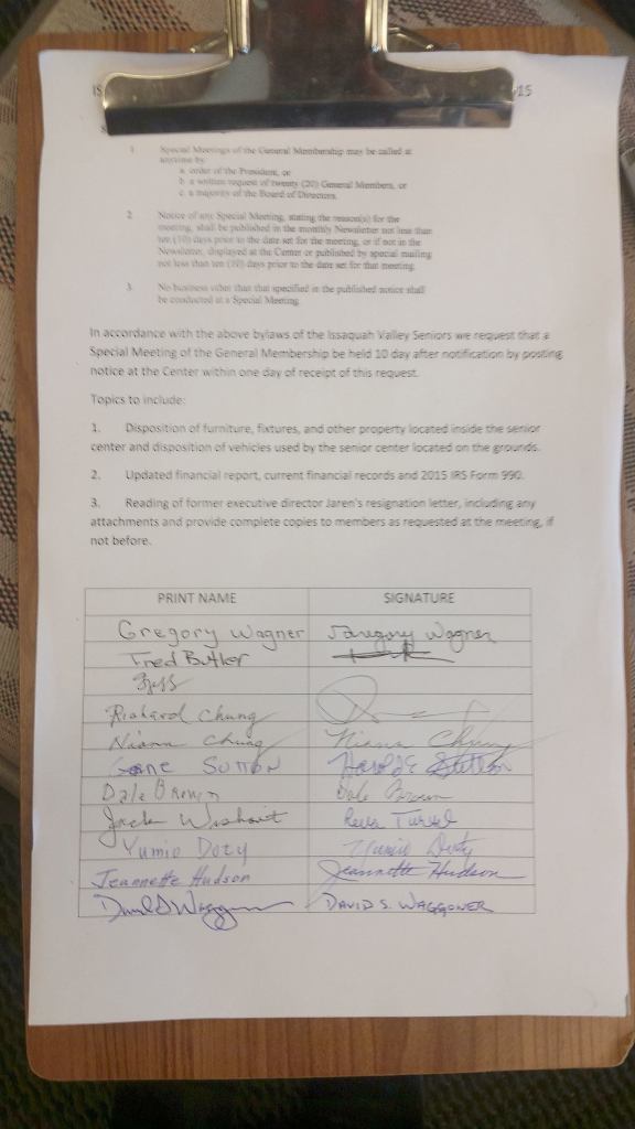 A group of seniors, including Issaquah Mayor Fred Butler, signed a petition to hold a special public meeting before the city takes over on Jan. 1. Nicole Jennings/staff photo