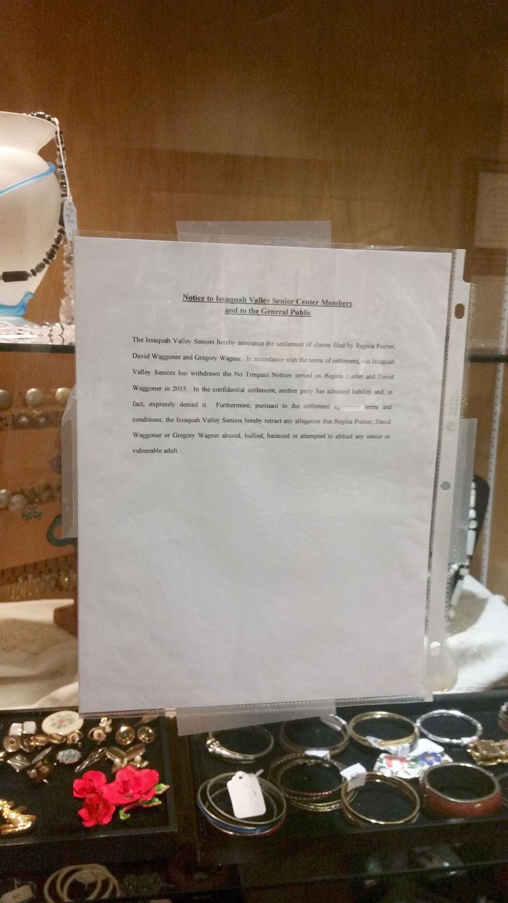 A notice at the senior center states that the no-trespass orders against David Waggoner and Regina Poirier have been lifted. Nicole Jennings/staff photo