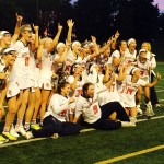 Shaun Scott, staff photo                                The Eastside Catholic Crusaders girls lacrosse team celebrates after defeating Lake Sammamish 14-4 in the state title game on May 20 at Bellevue High School.