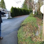 Tracy Neighbors, vice president of the Sammamish Homeowners Association, points out areas that will need to be cleared for the East Lake Sammamish Trail expansion. To the right, stakes marking the center line of the trail are set along the grass median (Joe Livarchik/staff photo).