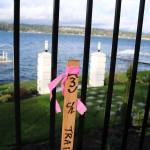 A right-of-way stake marking the center line of the expanded East Lake Sammamish Trail is hammered just outside the gate of a homeowner&rsquo;s lakeside property. To the far right, another stake can be seen inside the gated property (Joe Livarchik/staff photo).