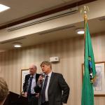 Issaquah Mayor Fred Butler, left, and Issaquah School District Superintendent Ron Thiele, right, team up to answer residents&rsquo; questions at the Chamber luncheon at the Hilton Garden Inn on Jan. 11. Nicole Jennings/staff photo