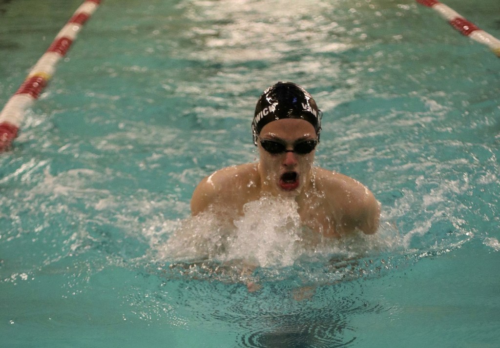 Photo courtesy of Andy Nystrom                                The Eastlake Wolves defeated the Redmond Mustangs 110-76 in a non-league dual swim meet on Jan. 24. Nolan Van Nortwick (pictured) earned first place in the 100-yard breaststroke.