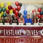 Photo courtesy of Kelly Chandler                                A multitude of Eastlake Wolves student athletes partook in a signing day ceremony on Feb. 1, where they revealed where they would play college sports. The athletes consisted of Tessa Baumann (Tennessee Martin University-Equestrian), Brooke Chandler (University of Oregon-soccer), Maddy Hunter (Arizona State University-lacrosse), Bailey Letherman (University of New Mexico-soccer), Allie Moodie (University of Louisiana at Lafayette-water skiing), Colton Padgett (Cabrini University-lacrosse), Pia Richards (Washington State University-Cross Country/Track & Field), Maddie Robinson (Gonzaga University-soccer) and Tatum Thornton (University of Utah-soccer).