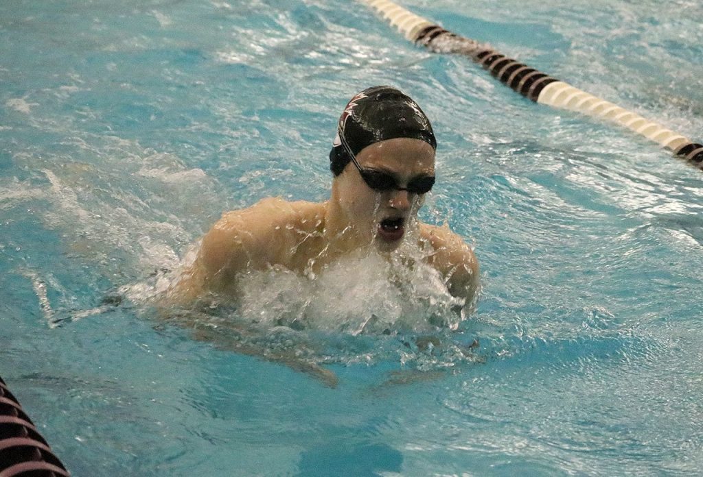 Eastlake&rsquo;s Nolan Van Nortwick competes in the 100 breast Saturday at Kamiak High School. Van Nortwick won the event with a time of 59.86 (Joe Livarchik/staff photo).
