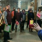 Protesters meet after addressing the Sammamish City Council during its regular meeting Tuesday at City Hall. The protesters were asking the city to divest its money from Wells Fargo, the city&rsquo;s bank (Joe Livarchik/staff photo)