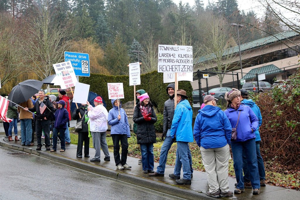 Rep. Reichert did not make an appearance on Tuesday, but police did stop protesters from entering the driveway of the congressman&rsquo;s Issaquah office. Nicole Jennings/staff photo