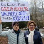 From left, Marion Kee of Redmond and Sharon Kay of Kent befriended one another at the rally after coming together to discuss their concerns for health care and immigration in the United States. Kee, who twice survived cancer, said that the Affordable Care Act has made it possible for her to have health care.