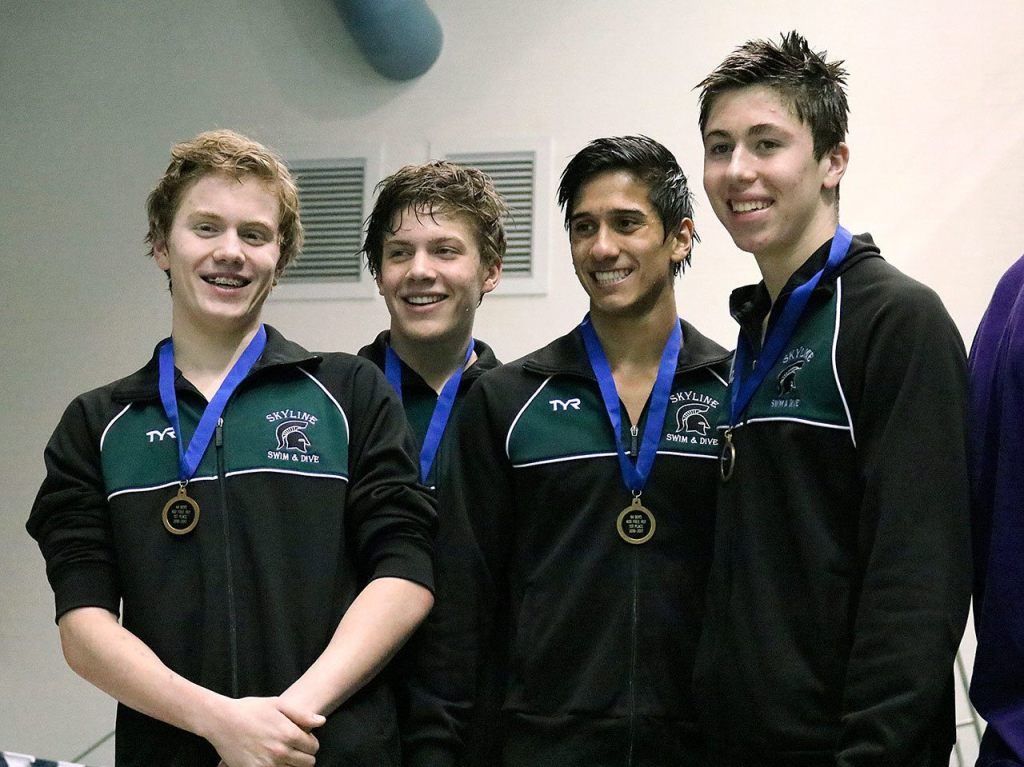 Skyline&rsquo;s 400 free relay team of Will O&rsquo;Daffer, Joseph Spaniac, Rehaan Bhimani and Jacob Leahy won the event with a time of 3:11.03 (Joe Livarchik/staff photo).