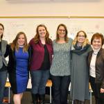 From left, panelists Patricia Carroll, Elizabeth Driscoll, Katie Van Zyl, Vanessa Feliberti, Paige Ormiston and Mary Ellen Smith shared their knowledge and experience gained in STEM industries at Eastside Catholic School&rsquo;s Women in STEM panel, hosted by the school&rsquo;s Girls Who Code club on Feb. 15 (photo courtesy of Karen Hatch/Eastside Catholic).