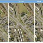 From left, a view of Gilman Boulevard as it is now, a view with the &ldquo;C&rdquo; curb and a view with the proposed signal. Photo courtesy of city of Issaquah