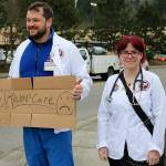 Nicole Jennings/staff photo                                Jeremy King and Erin Gilmer are Seattle University nursing students and work with patients at Swedish Medical Center Issaquah, many of whom they said are in danger of losing health coverage if Trumpcare passes.