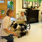 Truitt jumps into owner Wilson&rsquo;s arms at the Issaquah Nursing and Rehabilitation Center on March 16. The prize-winning pooch spent an hour performing tricks for the delighted residents.