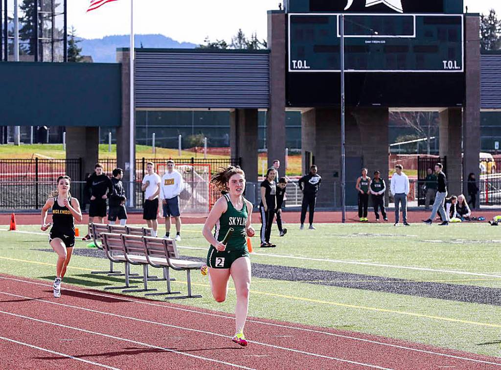 Photo courtesy of Rick Edelman/Rick Edelman Photography                                The Skyline Spartans girls track team captured a 83-68 victory against the Inglemoor Vikings in a Class 4A KingCo dual meet on March 23 in Sammamish.