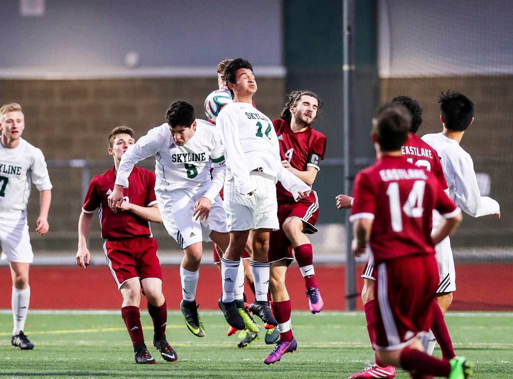 Photo courtesy of Rick Edelman/Rick Edelman Photography                                Eastlake and Skyline players battle for a 50/50 ball in a showdown between rivals on April 7. Eastlake defeated Skyline 1-0 in the contest. It was the first time Eastlake had won on Skyline&rsquo;s homefield since 2011.