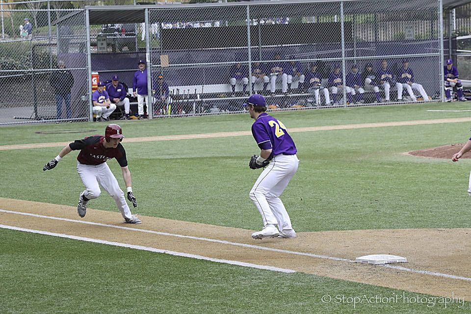 Photo courtesy of Don Borin/Stop Action Photography                                Issaquah Eagles first baseman Drew Feldman prepares to tag out Eastlake&rsquo;s Ben Lathwell as he makes his way toward first base.