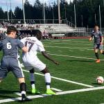 Shaun Scott, staff photo                                Mount Si defender Mateo Didomenico, left, puts pressure on Eastlake forward Bakary Sey in the first half of play. Eastlake outscored Mount Si 4-3 in an overtime penalty kick shootout to capture the victory in a loser-out playoff game on May 6 at Eastlake High School in Sammamish.