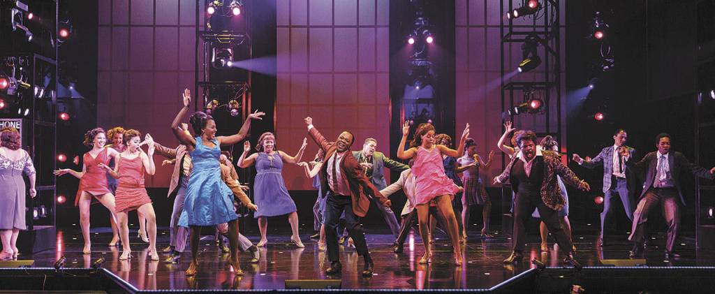 Nearly half of all of the costumes used in the 2016-17 Village season were used in &ldquo;Dreamgirls.&rdquo; Ensemble dance scenes like this one create a rainbow across the stage. Photo courtesy of Village Theatre