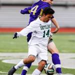 Photo courtesy of Rick Edelman/Rick Edelman Photography                                Skyline defender Sebastian Miller, battles with a Puyallup player for possession of the ball in the first half. Skyline registered a dramatic comeback 2-1 win against Puyallup on May 17.