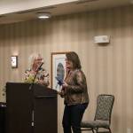 Judy Case, right, is presented with the Human and Spiritual Values Award from Sherrie Reed, left, of the Issaquah Kiwanis. Nicole Jennings/staff photo