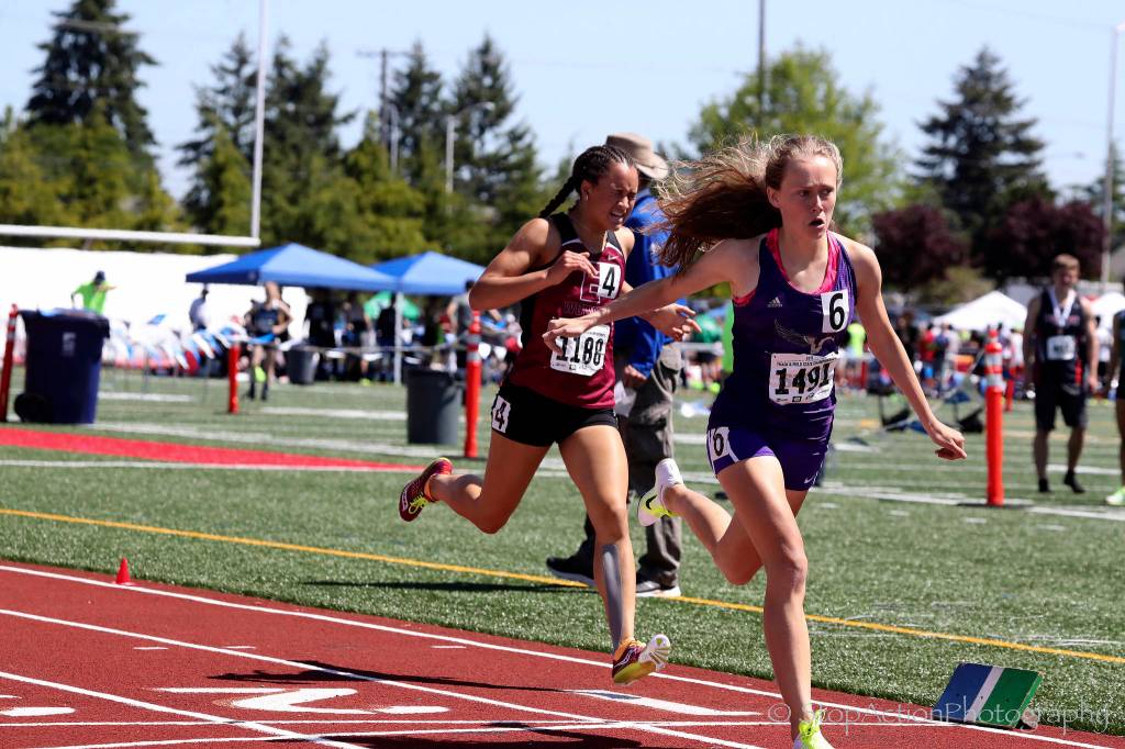 Photo courtesy of Don Borin/Stop Action Photography                                Eastlake Wolves junior Brooke Manson, left, captured second place in the Class 4A state track meet 800-meter run with a time of 2:11.51 on May 27 at Mount Tahoma High School in Tacoma. Lake Stevens sophomore Taylor Roe nabbed first place with a time of 2:11.09.
