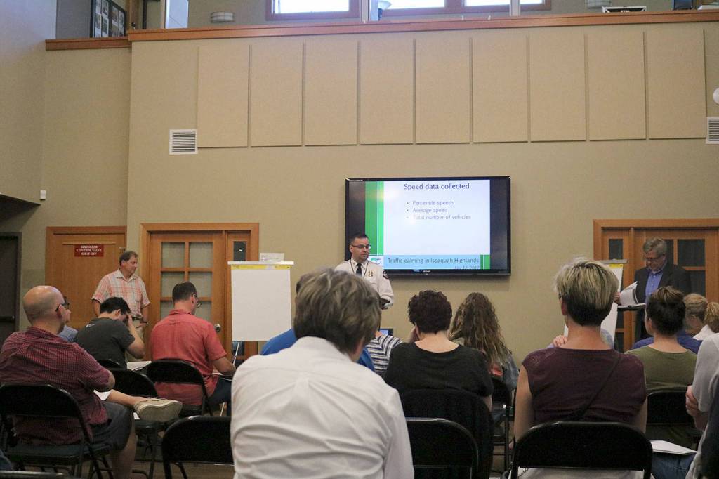 Eastside Fire and Rescue Deputy Chief Greg Tryon talks to the crowd of 50 at Blakely Hall. Nicole Jennings/staff photo