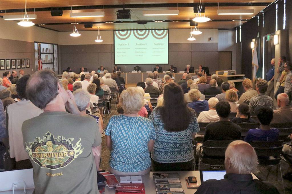 There was standing room only to hear the primary candidates speak at the forum Monday. Megan Campbell/staff photo
