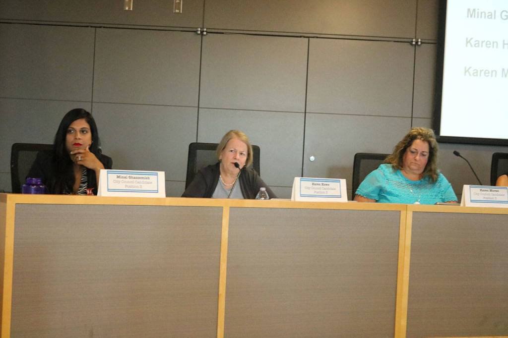 Position 3 candidates, from left to right, Minal Ghassemieh, Karen Howe and Karen Moran. Megan Campbell/staff photo