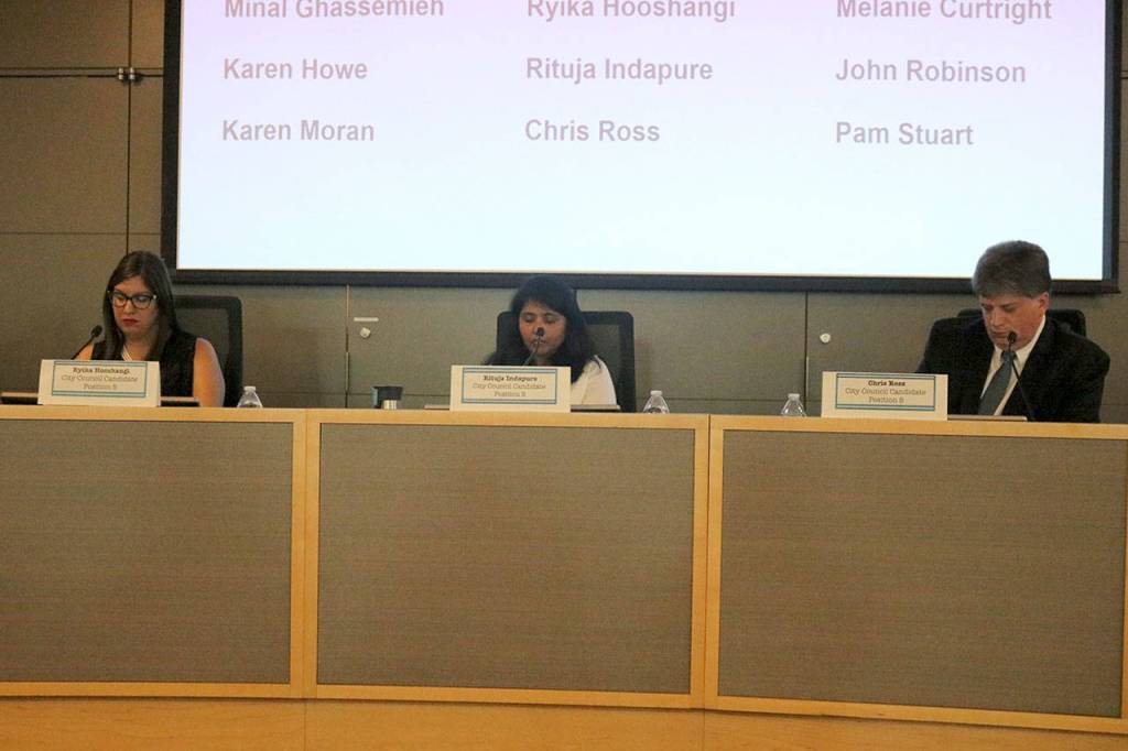 Position 5 candidates, from left to right, Ryika Hooshangi, Rituja Indapure and Chris Ross. Megan Campbell/staff photo