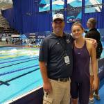 Photo courtesy of Carrie Tran                                Issaquah Sockeyes Swim team head coach Ryan Pachciarz, left, and athlete Sarah DiMeco, right, pose for a photo this summer. DiMeco recently competed in the 2017 Phillips 66 Nationals/World Championships in Indianapolis.