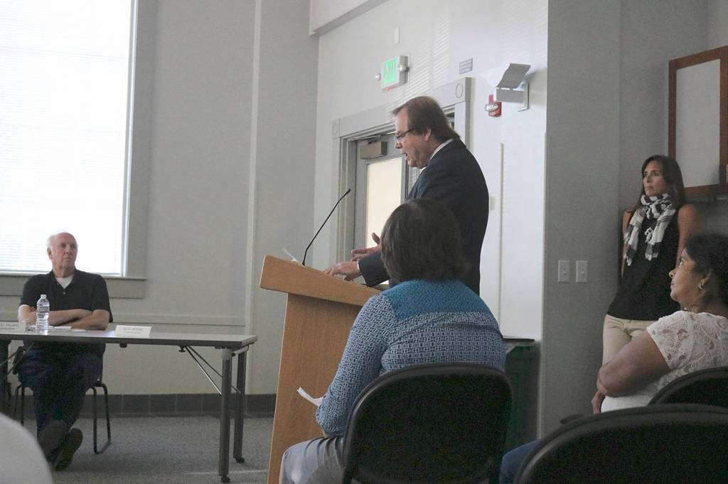 Representing The City Church, attorney Chuck Maduell argues in favor of demolishing the former nuns&rsquo; college. Nicole Jennings/staff photo