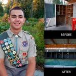 Alec Zimmerman built helmet racks for all four baseball dugouts at Dodd Field to benefit the Issaquah Little League, where he began his baseball career. He is pictured here with the dugouts before and after he installed the racks. Photo courtesy of Renee Zimmerman
