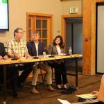 From left, Position 1 candidates Chris Reh and Bryan Weinstein and Position 2 candidates Richard Swanson and Mariah Bettise discuss growth and density. Nicole Jennings/staff photo