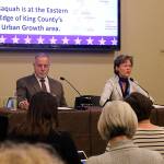 King County Council candidate John Murphy, left, and County Councilmember Kathy Lambert, right, debate one another on Sept. 20 at Blakely Hall. Nicole Jennings/staff photo