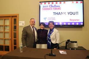 From left, King County Council candidate John Murphy, moderator Renee Zimmerman and County Councilmember Kathy Lambert kept the politics friendly and were all smiles after the forum. Nicole Jennings/staff photo