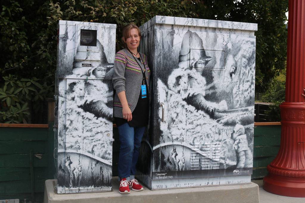 Bergljot Hals and her original piece, which stands as a symbol of the bond of friendship between sister cities Sunndal, Norway and Issaquah. Nicole Jennings/staff photo